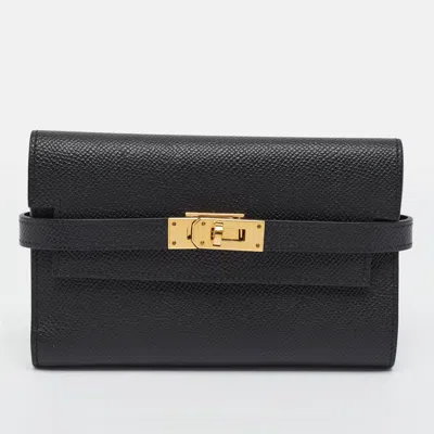 Pre-owned Hermes Hermès Kelly Depliant Noir Epsom Leather Trifold Wallet In Black