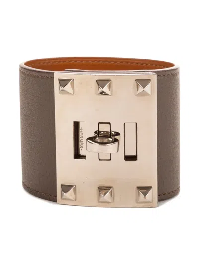 Pre-owned Hermes Kelly Dog Studded Leather Bracelet In Silver