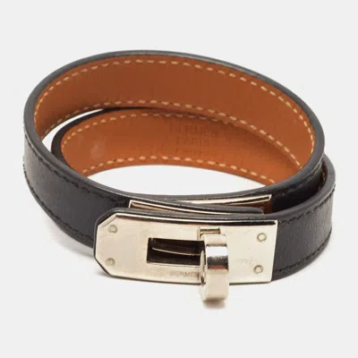 Pre-owned Hermes Hermès Kelly Double Tour Black Leather Palladium Plated Bracelet