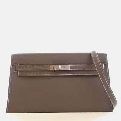 Pre-owned Hermes Kelly Elan Etoupe Epsom Calfskin Leather Clutch Bag In Sand