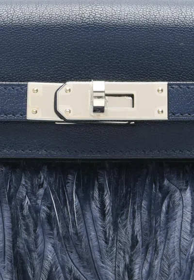 Hermes Kelly Elan Folie In Bleu Saphir Chevre Chamkila And Ostrich Feathers With Palladiun Hardware In Blue