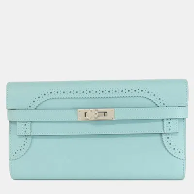 Pre-owned Hermes Kelly Ghillies Bleu Atoll Swift Leather Wallet In Blue