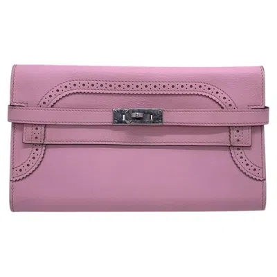 Pre-owned Hermes Kelly Ghillies Long Wallet Pink Swift Leather Silver Clasp Stamp X 2016