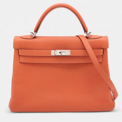 Pre-owned Hermes Kelly Ii Retourne 32 Orange Togo Calfskin Leather Top Handle Bag