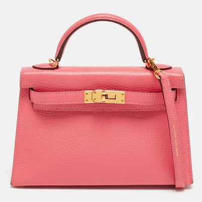Pre-owned Hermes Kelly Ii Sellier Mini 20 Gold Finish Rose Azalee Chevre Leather Top Handle Bag In Pink