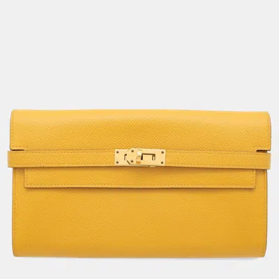 Pre-owned Hermes Kelly Jaune Ambre Epsom Long Wallet In Yellow