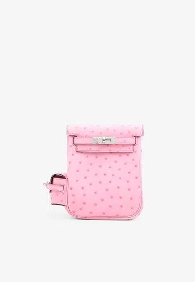 Pre-owned Hermes Kelly Jump Backpack In Rose Bubblegum Ostrich Boreale With Palladium Hardware