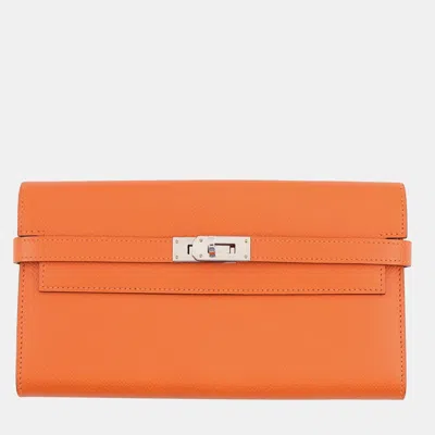 Pre-owned Hermes Kelly Long Orange Epsom Leather Turn -lock Wallet