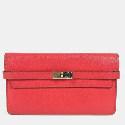 Pre-owned Hermes Kelly Long Red Chevre Mysore Leather Wallet