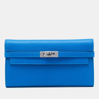 Pre-owned Hermes Kelly Longue Bleu Zanzibar Chevre Mysore Leather Wallet Bag In Blue
