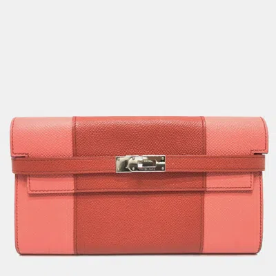 Pre-owned Hermes Kelly Pink Epsom Flag Long Wallet