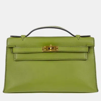 Pre-owned Hermes Kelly Pochette Anis Green Swift Calfskin Leather Clutch Bag