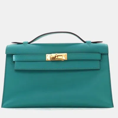 Pre-owned Hermes Kelly Pochette Bleu Paon Swift Calfskin Leather Clutch Bag In Blue