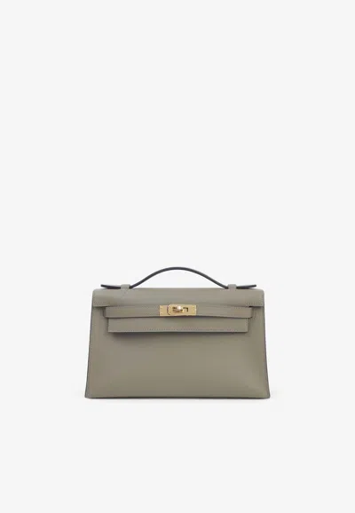 Hermes Kelly Pochette Clutch Bag In Beige Marfa Swift Leather With Gold Hardware