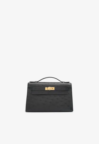 Pre-owned Hermes Kelly Pochette Clutch Bag In Black Ostrich Leather With Gold Hardware