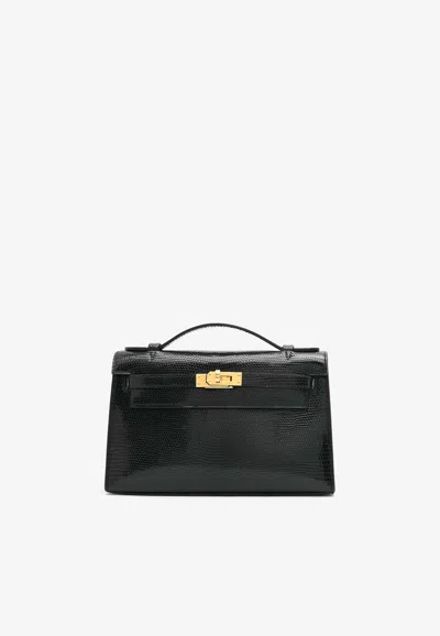 Pre-owned Hermes Kelly Pochette Clutch Bag In Black Shiny Nilo Lizard With Gold Hardware