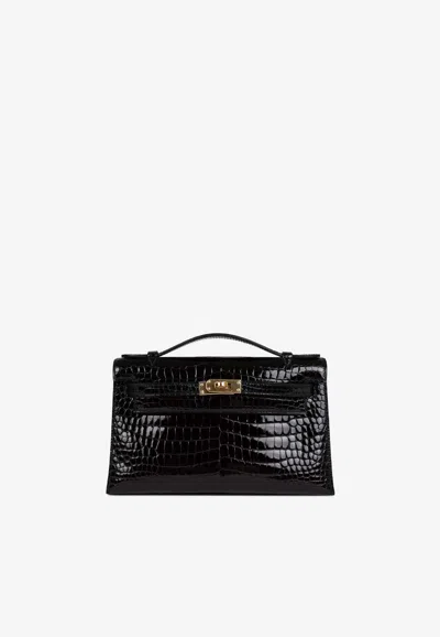 Hermes Kelly Pochette Clutch Bag In Black Shiny Porosus Crocodile With Gold Hardware