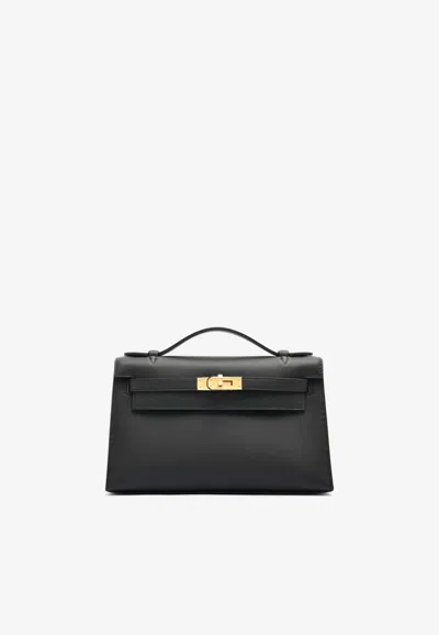 Pre-owned Hermes Kelly Pochette Clutch Bag In Black Swift Leather With Gold Hardware