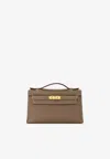 Hermes Kelly Pochette Clutch Bag In Etoupe Swift Leather With Gold Hardware In Etoupe