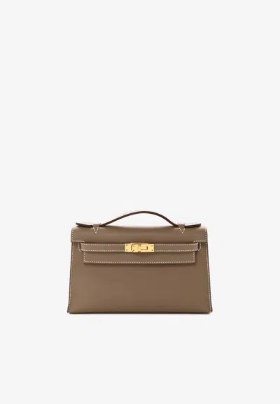 Hermes Kelly Pochette Clutch Bag In Etoupe Swift Leather With Gold Hardware In Brown