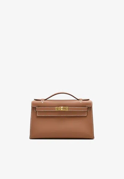 Hermes Kelly Pochette Clutch Bag In Gold Swift With Gold Hardware In Brown