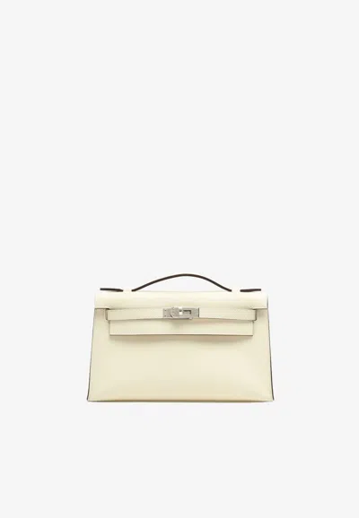 Hermes Kelly Pochette Clutch Bag In Nata Swift With Palladium Hardware In Brown