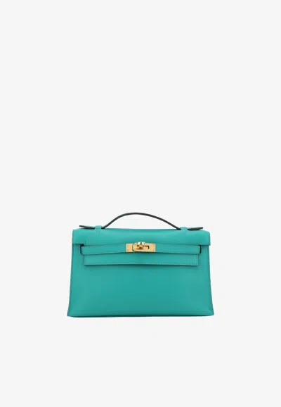 Hermes Kelly Pochette Clutch Bag In Vert Verone Swift With Gold Hardware In Green