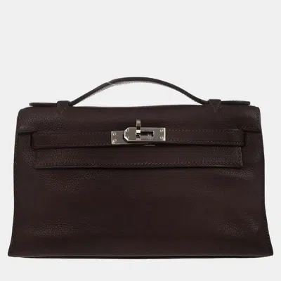 Pre-owned Hermes Kelly Pochette Havane Evergrain Calfskin Leather Clutch Bag In Brown