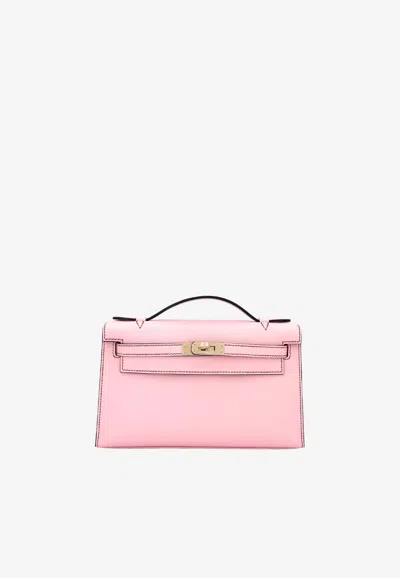 Hermes Kelly Pochette Hss Verso Clutch Bag In Rose Sakura And Black Swift With Permabrass Hardware In Pink