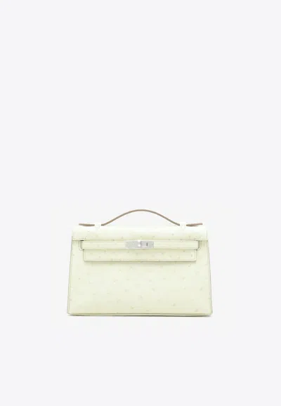 Pre-owned Hermes Kelly Pochette In Beton Ostrich Leather With Palladium Hardware