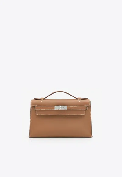 Pre-owned Hermes Kelly Pochette In Gold Swift With Palladium Hardware In Brown