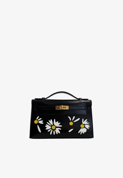 Hermes Kelly Pochette In Marquetrie Marguerites In Black, White And Jaune De Naples Box Leather