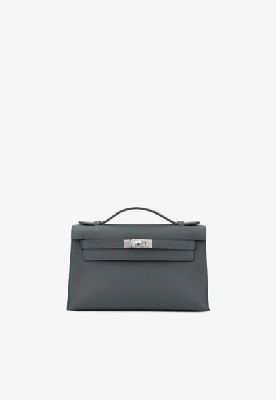 Hermes Kelly Pochette In Vert Mangrove Swift With Palladium Hardware In Gray