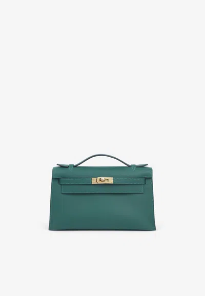 Pre-owned Hermes Kelly Pochette In Vert Moyen Swift Leather With Gold Hardware