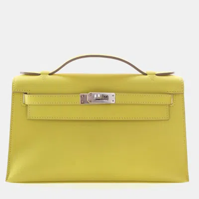 Pre-owned Hermes Kelly Pochette Jaune Citron Swift Calfskin Leather Clutch Bag In Yellow