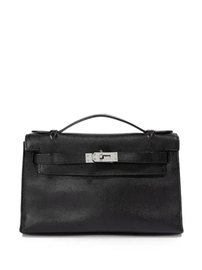 Pre-owned Hermes Kelly Pochette Leather Tote Bag In Black