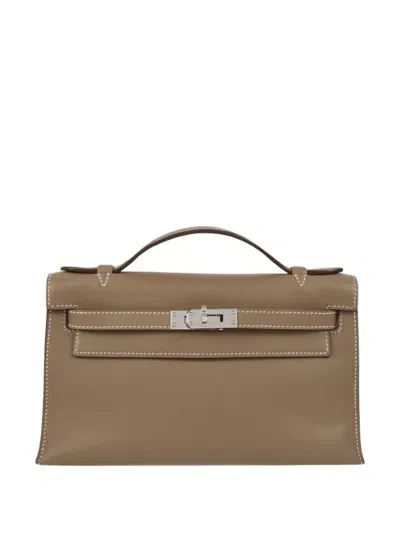 Pre-owned Hermes Kelly Pochette Palladium Clutch In Brown