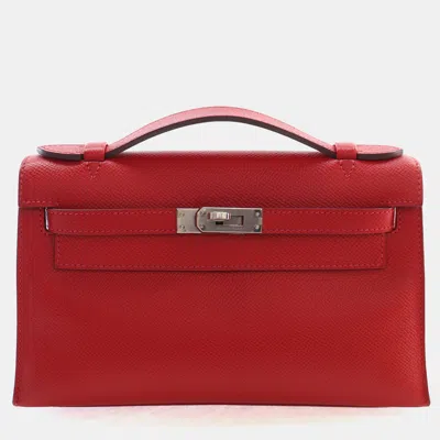 Pre-owned Hermes Kelly Pochette Rouge Vif Epsom Calfskin Leather Clutch Bag In Red