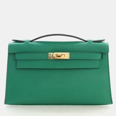 Pre-owned Hermes Kelly Pochette Vert Vertigo Swift Calfskin Leather Clutch Bag In Green