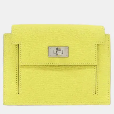 Pre-owned Hermes Kelly Pocket Compact Lime Chevre Mysore Leather Wallet In Yellow