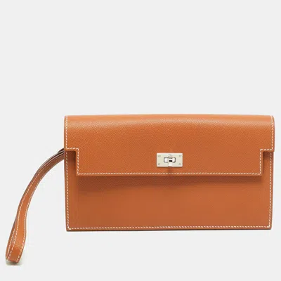 Pre-owned Hermes Kelly Pocket Gold Madame Leather Long Wallet In Brown