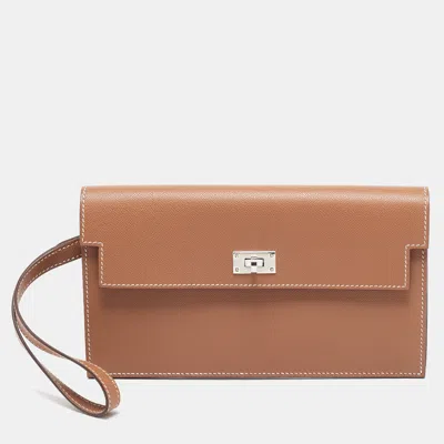 Pre-owned Hermes Kelly Pocket Gold Madame Leather Long Wallet In Brown