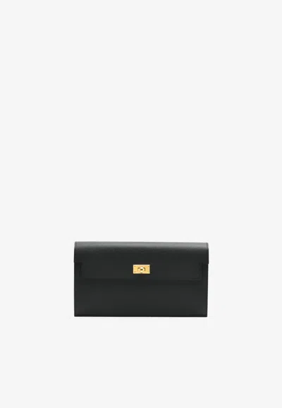 Hermes Kelly Pocket Long Wallet In Black Epsom Leather With Gold Hardware