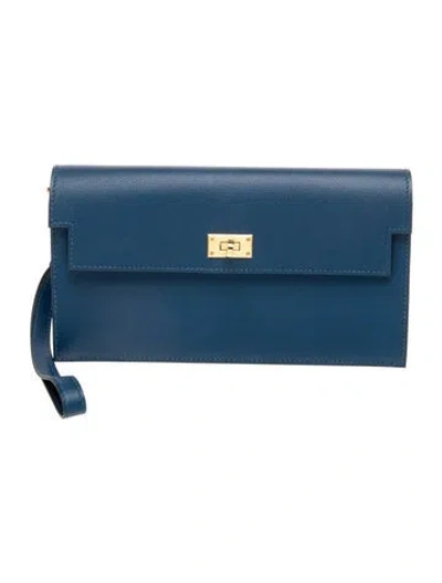 Pre-owned Hermes Kelly Pocket Long Wallet W/ Wrist Strap In Blue