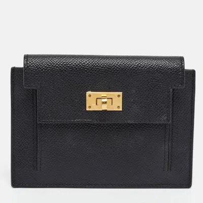 Pre-owned Hermes Hermès Kelly Pocket Noir Epsom Leather Compact Wallet In Black