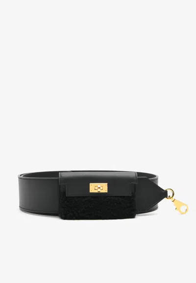 Hermes Kelly Pocket Pouch Bag Strap In Black Swift And Shearling With Gold Hardware