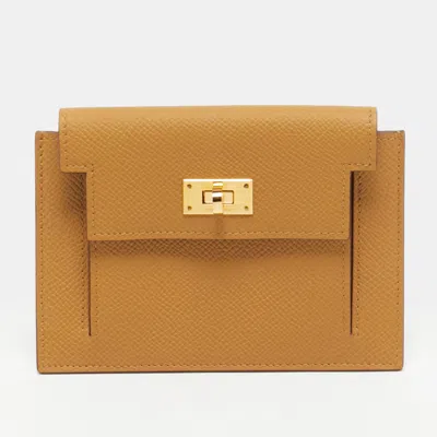 Pre-owned Hermes Kelly Pocket Sesame Epsom Leather Compact Wallet In Brown