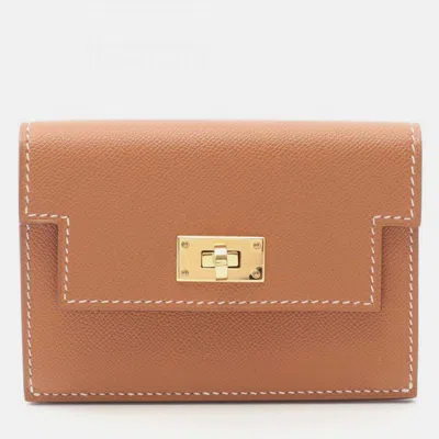 Pre-owned Hermes Kelly Pocket Slim Gold Coin Case Brown Veau Madame Wallet
