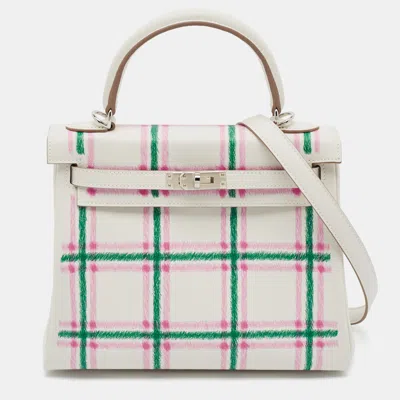 Pre-owned Hermes Hermès Kelly Retourne 25 Palladium Finish Multicolor Tartan Light Swift Leather Top Handle Bag