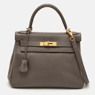 Pre-owned Hermes Hermès Kelly Retourne 28 Gold Finish Etain Togo Leather Top Handle Bag In Gray